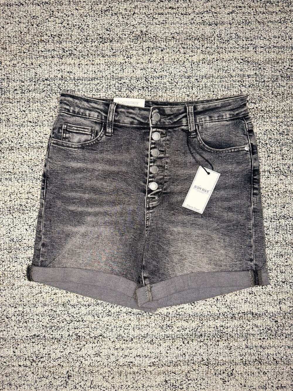 Judy Blue NWT Grey High Rise Button Fly Cuffed Denim Shorts JB150231 GR L